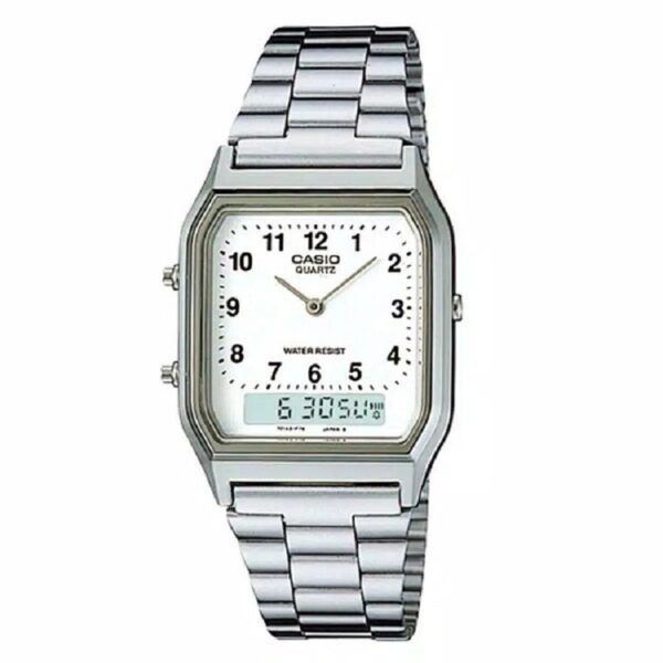 Casio AQ-230A-7BMQ Men’s Small White Dial Ana-Digi Silver Bracelet Watch